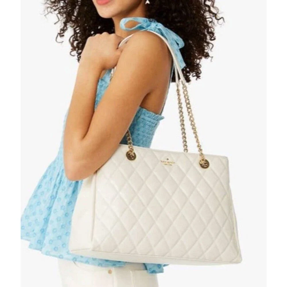 Kate Spade Carey Quilted Leather Large Tote Bag Chain Shoulder In Parchment